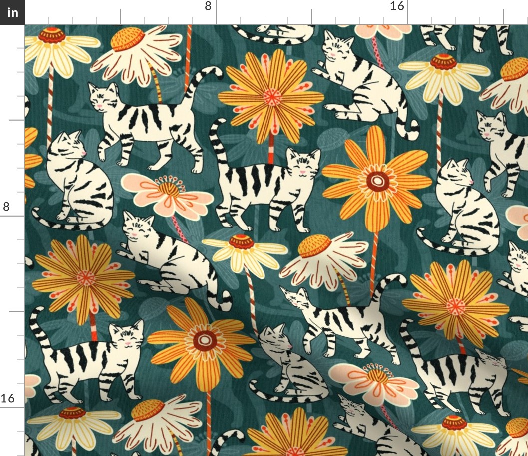 Daisy Cats - Teal (Large Version)