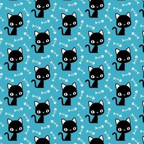 Cute black cats and fish bones - Blue