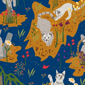 Antics of a Kitten- Electric Blue Toile- Large Scale