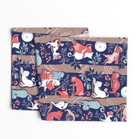 Normal scale // Cats forest // blue background brown trees grey white and orange kitties