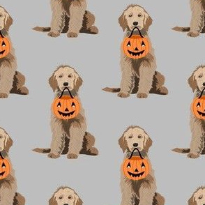 doodle dog trick or treat fabric - doodle dog fabric, golden doodle fabric, halloween fabric, halloween dog fabric -grey