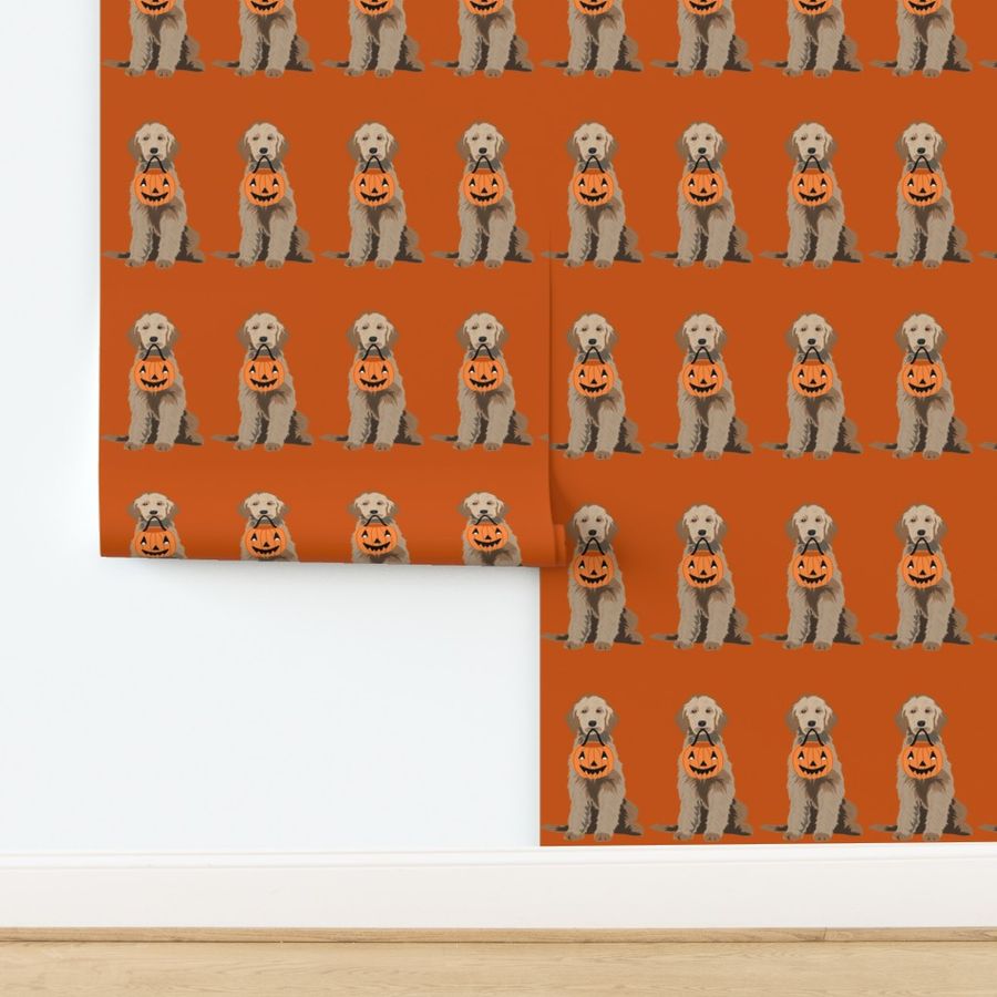 doodle dog trick or treat fabric - doodle dog fabric, golden doodle fabric, halloween fabric, halloween dog fabric - rust