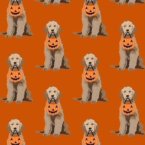 doodle dog trick or treat fabric - doodle dog fabric, golden doodle fabric, halloween fabric, halloween dog fabric - rust