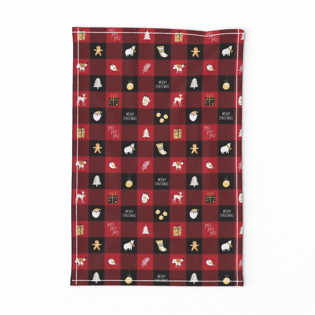 Christmas Plaid (Black + Red Buffalo Plaid) Santa, stockings, mitten, ornaments, tree, gifts