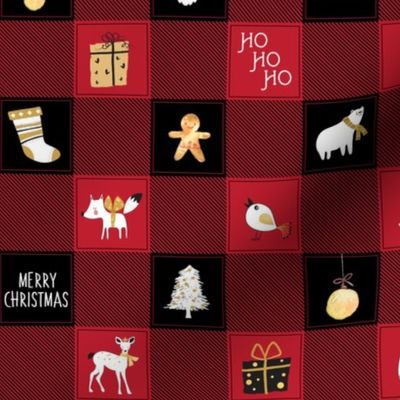 Christmas Plaid (Black + Red Buffalo Plaid) Santa, stockings, mitten, ornaments, tree, gifts