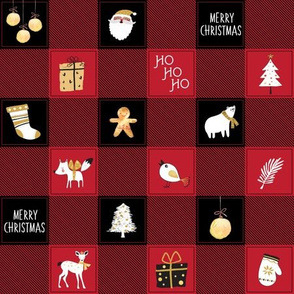 Christmas Plaid (Black + Red Buffalo Plaid) Santa, stockings, mitten, ornaments, tree, gifts