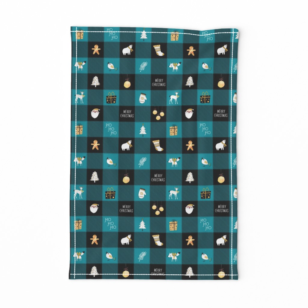 Christmas Plaid (Black + Turquoise Buffalo Plaid) Santa, stockings, mitten, ornaments, tree, gifts