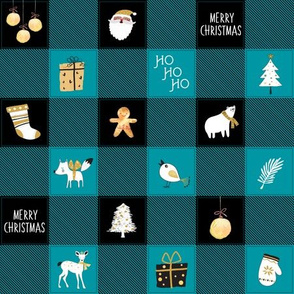 Christmas Plaid (Black + Turquoise Buffalo Plaid) Santa, stockings, mitten, ornaments, tree, gifts