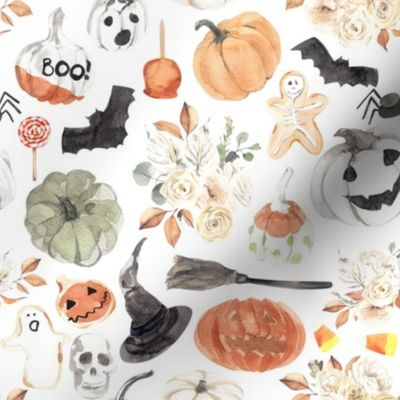 8" Spooky Little Halloween // White - Watercolor Pumpkins, Bat, Florals, Candy Corn