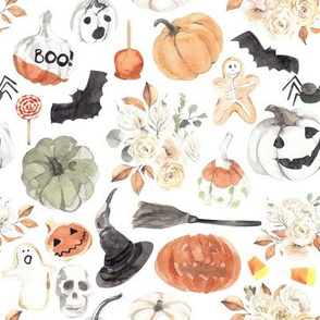 8" Spooky Little Halloween // White - Watercolor Pumpkins, Bat, Florals, Candy Corn