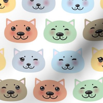 funny Kawaii cat face with pink cheeks, pastel colors blue pink lilac on white