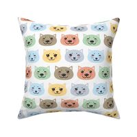 funny Kawaii cat face with pink cheeks, pastel colors blue pink lilac on white