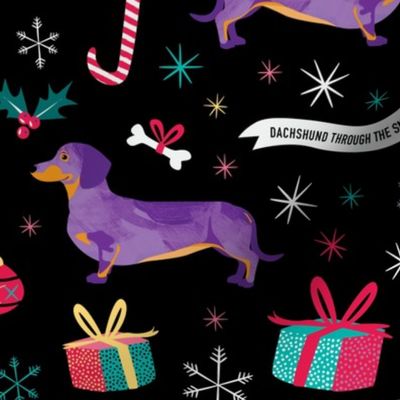 Dachshund christmas fabric black by Mount Vic and Me