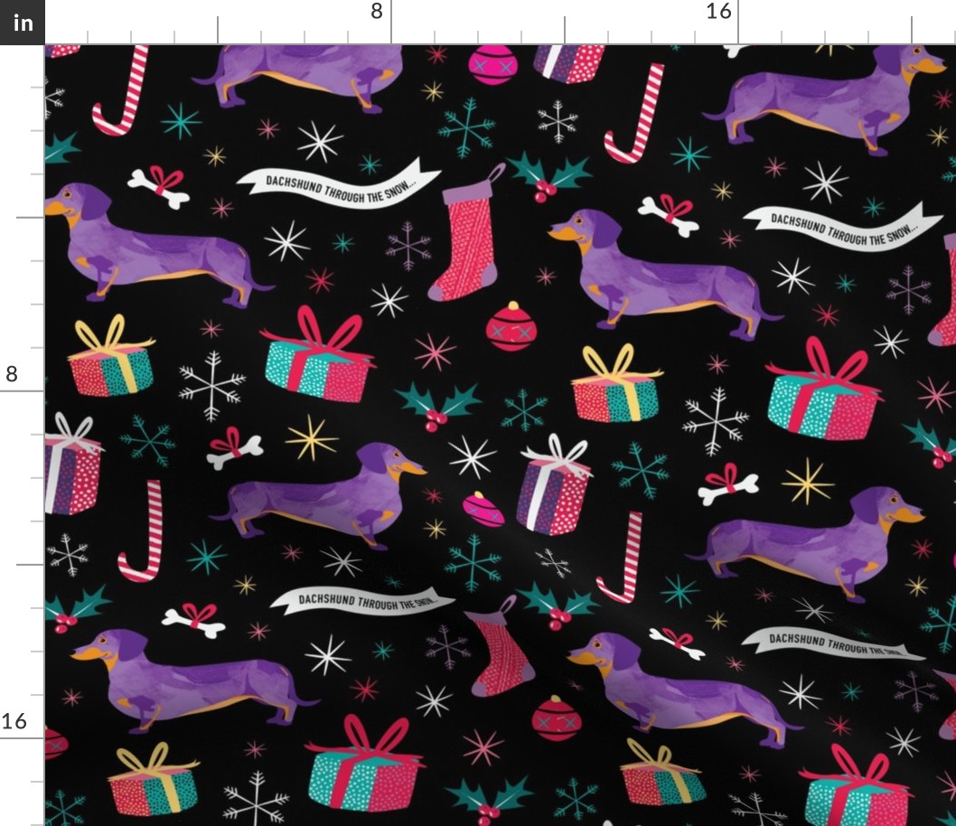 Dachshund christmas fabric black by Mount Vic and Me