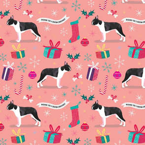 Boston Terrier christmas fabric pink by Mount Vic and Me