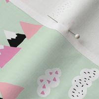 Girls fuji mountain geometric climbing girls landscape with soft pastel colors mint pink and white clouds