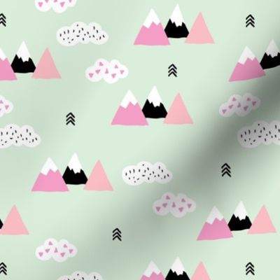 Girls fuji mountain geometric climbing girls landscape with soft pastel colors mint pink and white clouds
