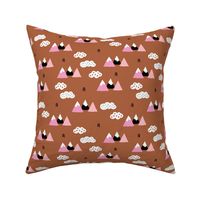 Girls fuji mountain geometric climbing girls landscape with soft pastel colors copper rusty brown pink fall  white clouds