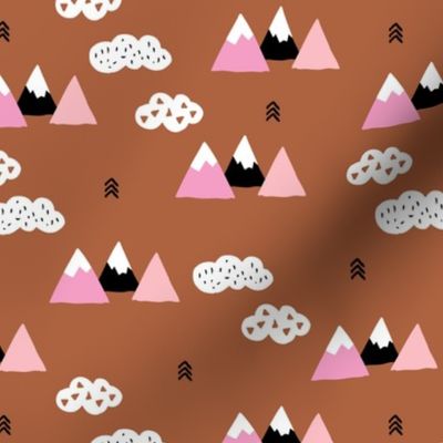 Girls fuji mountain geometric climbing girls landscape with soft pastel colors copper rusty brown pink fall  white clouds