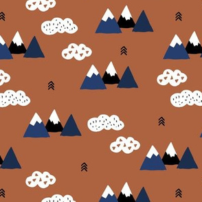 Fuji mountain geometric climbing lovers landscape winter blue copper rusty brown and white clouds