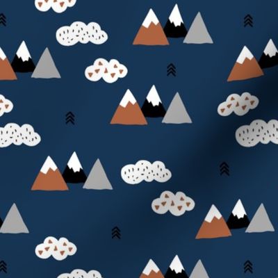 Fuji mountain geometric climbing lovers landscape winter navy blue copper gray and white clouds