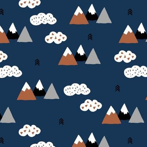 Fuji mountain geometric climbing lovers landscape winter navy blue copper gray and white clouds