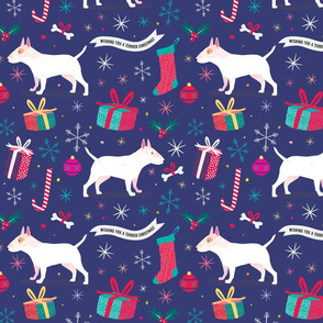 Bull Terrier christmas fabric blue by Mount Vic and Me