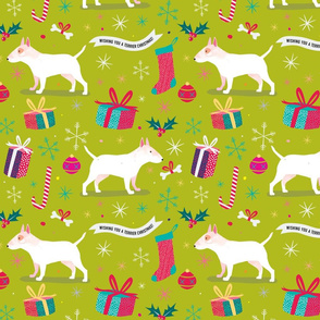 Bull Terrier christmas fabric green by Mount Vic and Me