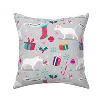 Bull Terrier christmas fabric pale grey by Mount Vic and Me