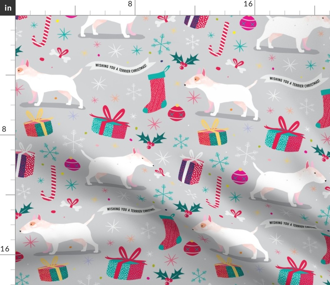 Bull Terrier christmas fabric pale grey by Mount Vic and Me