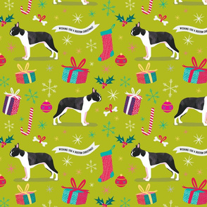 Boston Terrier christmas fabric green by Mount Vic and Me