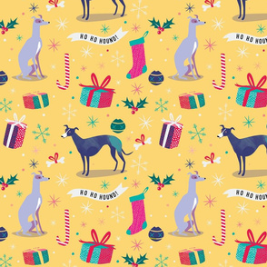 Greyhound Love christmas fabric yellow by Mount Vic and Me