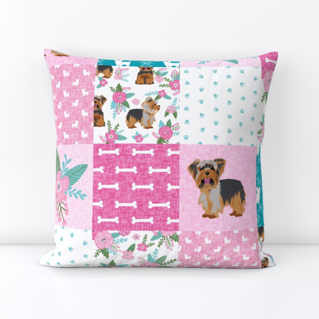 yorkie quilt fabric - cheater quilt fabric, patchwork fabric, yorkshire terrier quilt - pink and turquoise floral