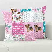 yorkie quilt fabric - cheater quilt fabric, patchwork fabric, yorkshire terrier quilt - pink and turquoise floral