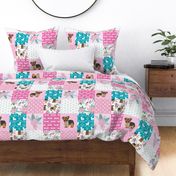 yorkie quilt fabric - cheater quilt fabric, patchwork fabric, yorkshire terrier quilt - pink and turquoise floral