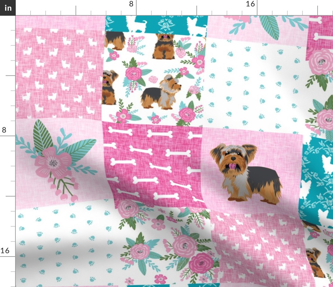 yorkie quilt fabric - cheater quilt fabric, patchwork fabric, yorkshire terrier quilt - pink and turquoise floral