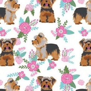 yorkie dog floral fabric - yorkshire terrier fabric, yorkie dog fabric, pink and blue