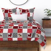 yorkie quilt fabric - cheater quilt fabric, patchwork fabric, yorkshire terrier quilt -  red plaid