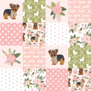 yorkie quilt fabric - cheater quilt fabric, patchwork fabric, yorkshire terrier quilt - peach floral