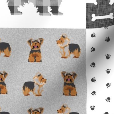 yorkie quilt fabric - cheater quilt fabric, patchwork fabric, yorkshire terrier quilt -  grey plaid