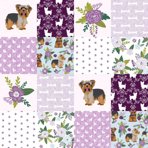 yorkie quilt fabric - cheater quilt fabric, patchwork fabric, yorkshire terrier quilt - purple
