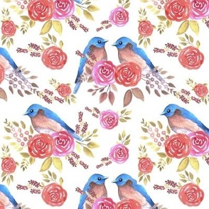 Eastern bluebird or Sialia sialis couple on seamless rose pattern watercolor 