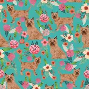 red cairn florals fabric - dog floral fabric, cairn terrier fabric, cute dog fabric - turquoise