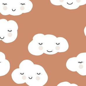 Sweet puffy clouds kawaii sky smiling sleepy cloud in fall brown white