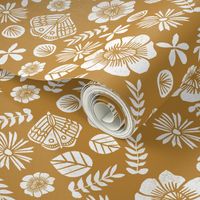 butterfly flower floral fabric - linocut fabric, earthy fabric, neutral fabric, hand printed fabric - mustard