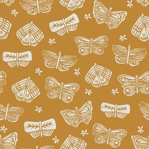 butterfly fabric - linocut fabric, stamped fabric - mustard