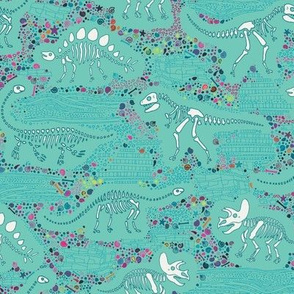 Dinosaur Fossils - White on Aqua - Medium