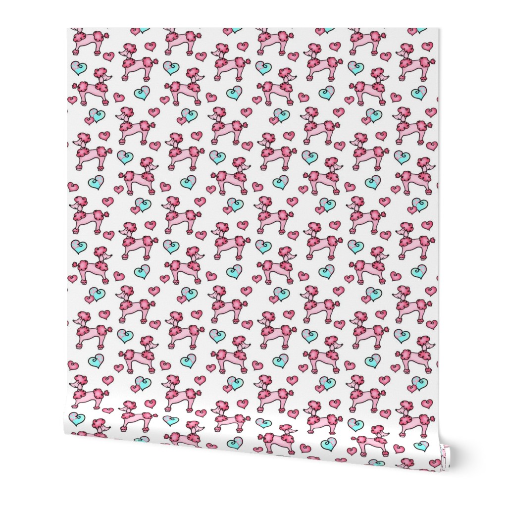  Caniche Française Rose / Pink Dog - Poodle & Hearts -on White  