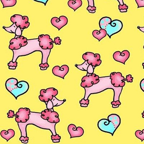 Caniche Française Rose / Pink Dog - Poodle & Hearts -Yellow 