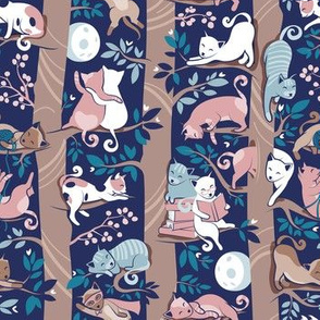 Small scale // Cats forest // blue background brown trees grey white and pink kitties